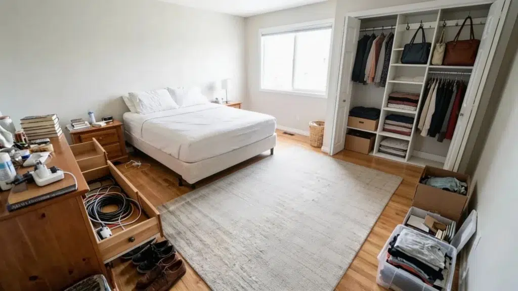 Bags on hooks clothes in closet section and chargers in organized drawer