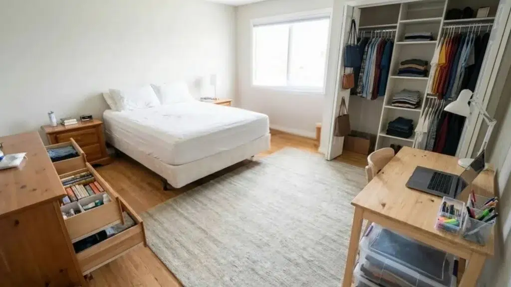 Bedroom with organized closet dresser desk and labeled storage containers