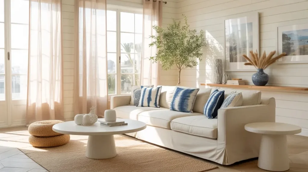 Bright coastal living room with natural light, cream sectional sofa, navy blue cushions, white coffee table, and a jute rug.