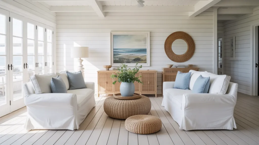 Bright coastal living room with white walls, cream sofas, soft blue accents, and woven jute ottomans.