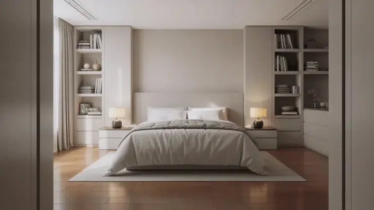 Clean bedroom with bed made and items neatly stored on shelves and surfaces