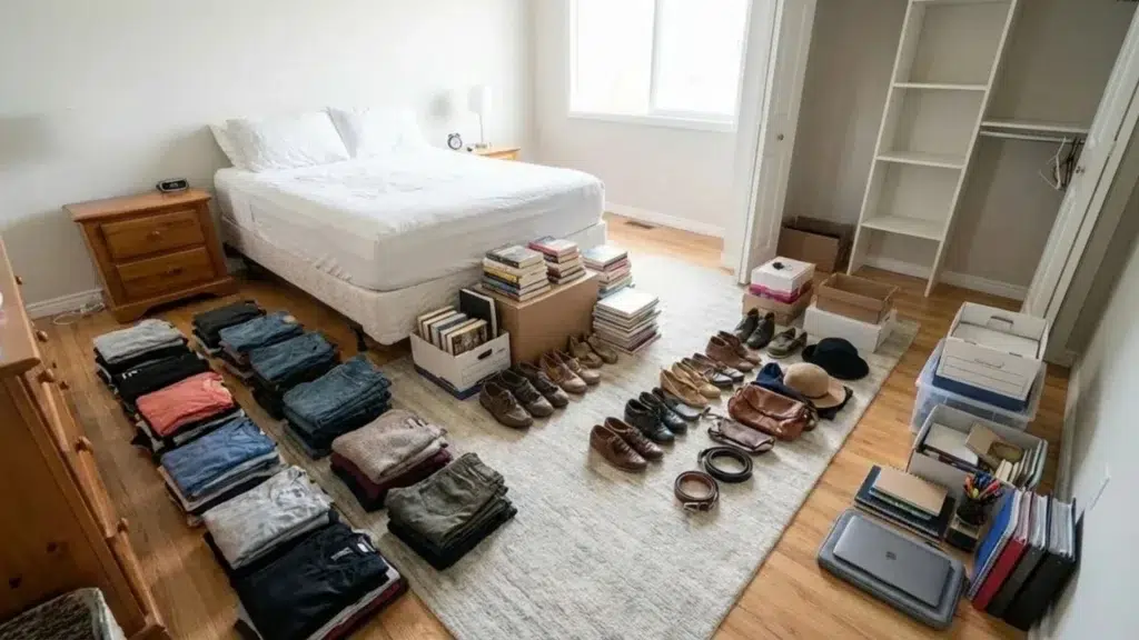 Clothes books accessories and work items grouped into separate sections