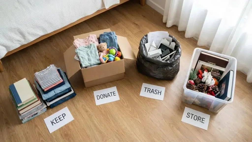 Clothes books and small items sorted into keep donate trash and store groups