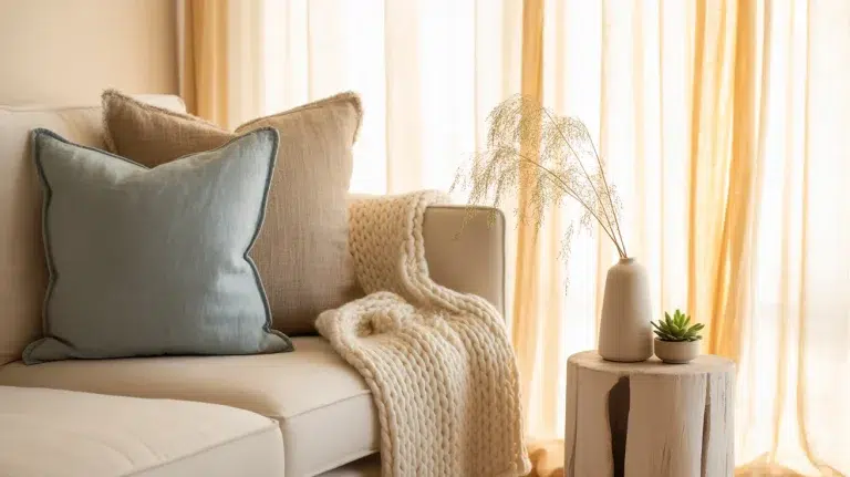 Coastal living room corner with cream linen sofa, layered blue and sand cushions, and a pale wood side table in soft natural light.