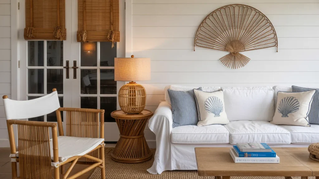 Coastal living room with a white slipcover sofa, navy striped cushions, bamboo blinds, and rattan accents styled with subtle nautical touches.