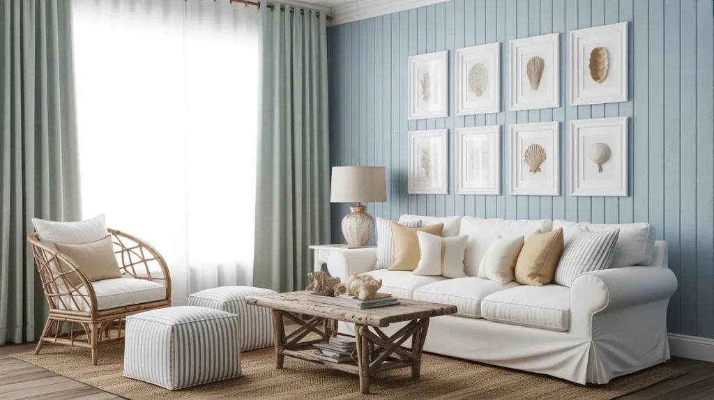 Coastal living room with pale blue vertical shiplap paneling, white linen sofa, shell gallery wall, and a rattan accent chair.