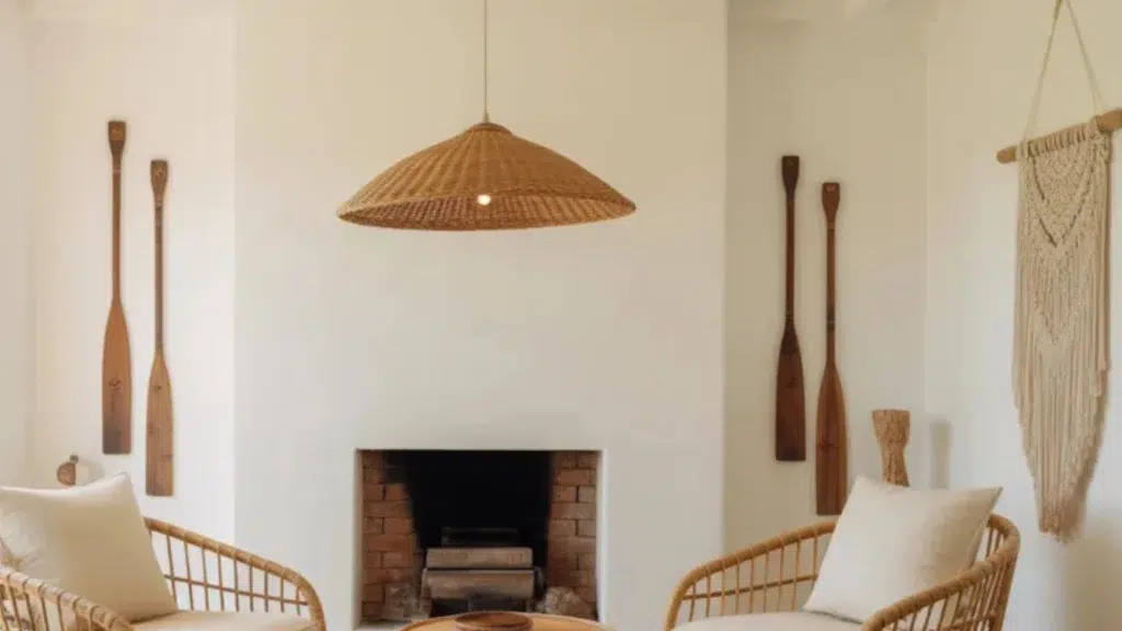 Coastal living room with rattan chairs, jute rug, wooden oar wall decor, and a white fireplace styled with natural materials.