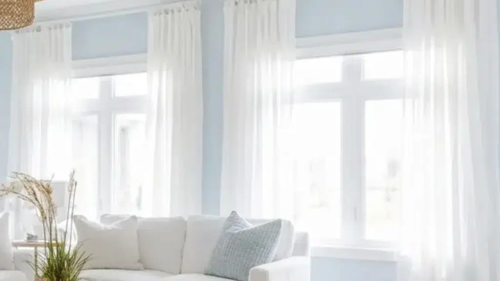 Coastal living room with white sheer linen curtains filtering soft natural light against pale blue walls and a white sofa.