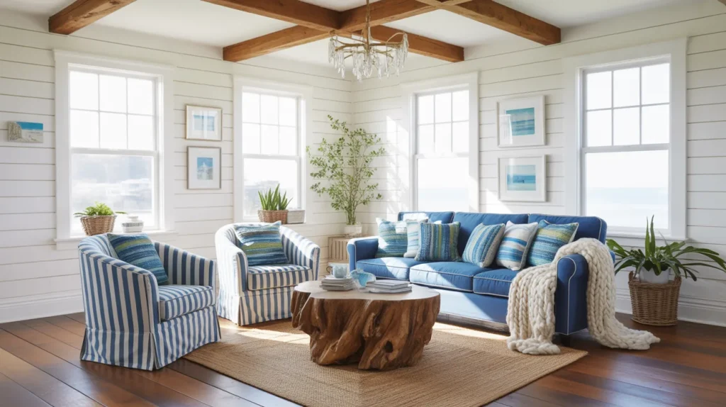 Coastal living room with white shiplap walls, blue sofa, mixed blue cushions, striped armchairs, and a jute rug styled with natural light.