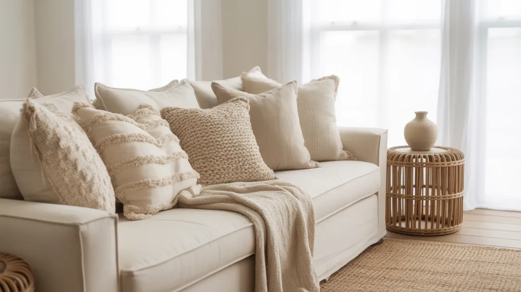 Coastal sofa styled with layered linen, knit, and tufted cushions in neutral tones beside a rattan side table.