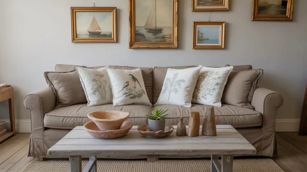 Coastal vintage living room with antique framed sailboat paintings, soft blue sofa, and a rustic weathered coffee table.