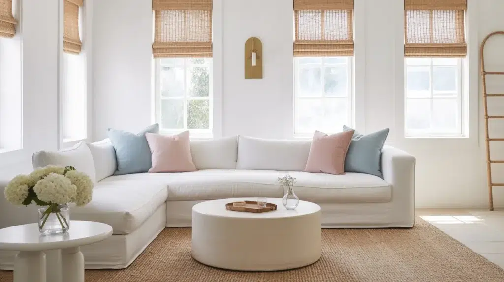 Minimal coastal living room with a white sectional sofa, round white coffee table, jute rug, and soft blue accents in natural light.