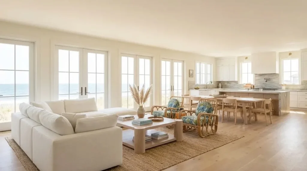 Open coastal living room with white sofa, pale wood floors, rattan chairs, and ocean views.