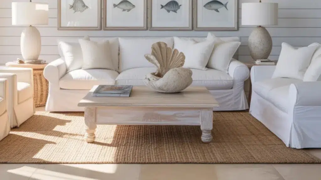 White coastal living room with pale wood beams, linen sofas, and woven jute ottomans.