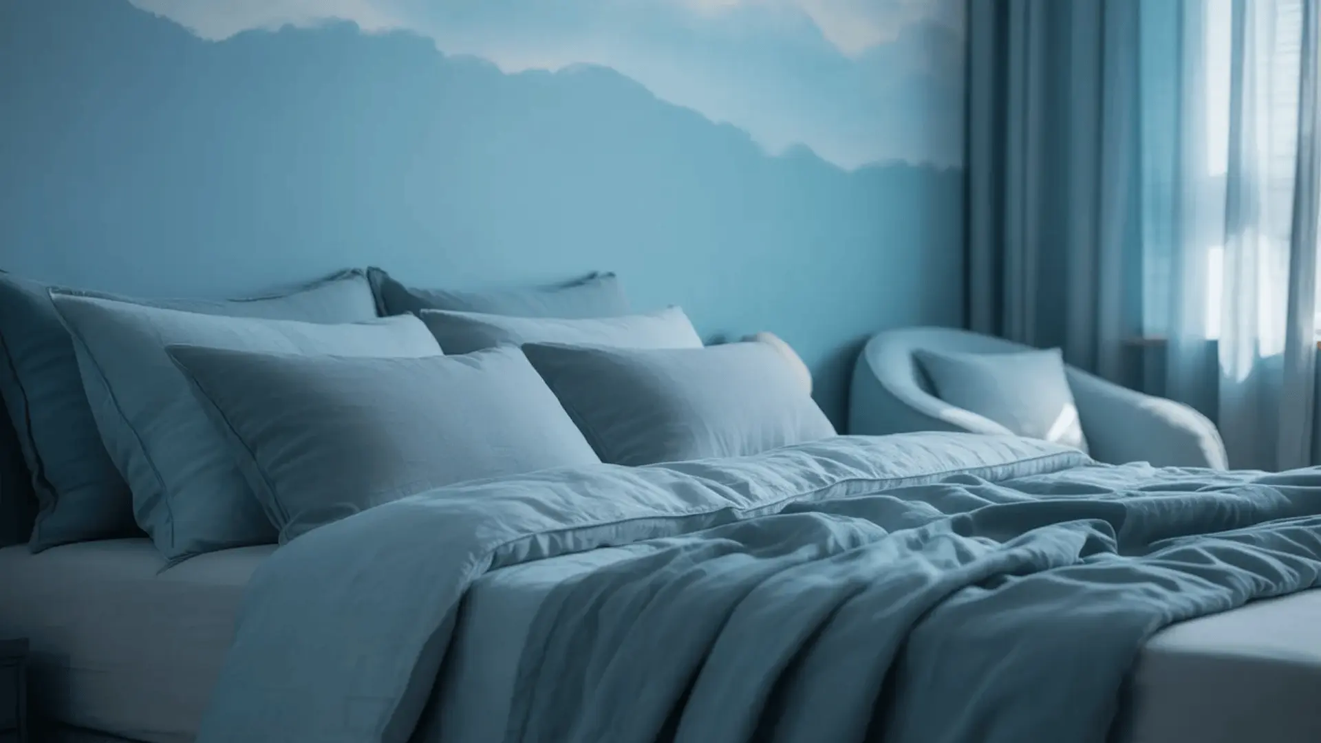 A bed with blue linen bedding and multiple pillows against a blue wall with a mountain mural and sheer curtains.