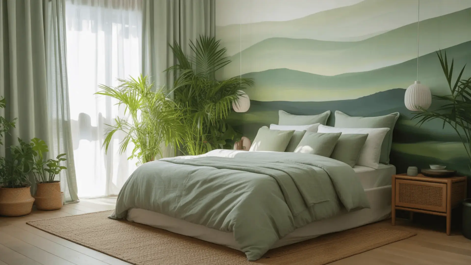 A bed with green linen bedding and white pillows in a room with a landscape wall mural, indoor plants, and a wooden nightstand