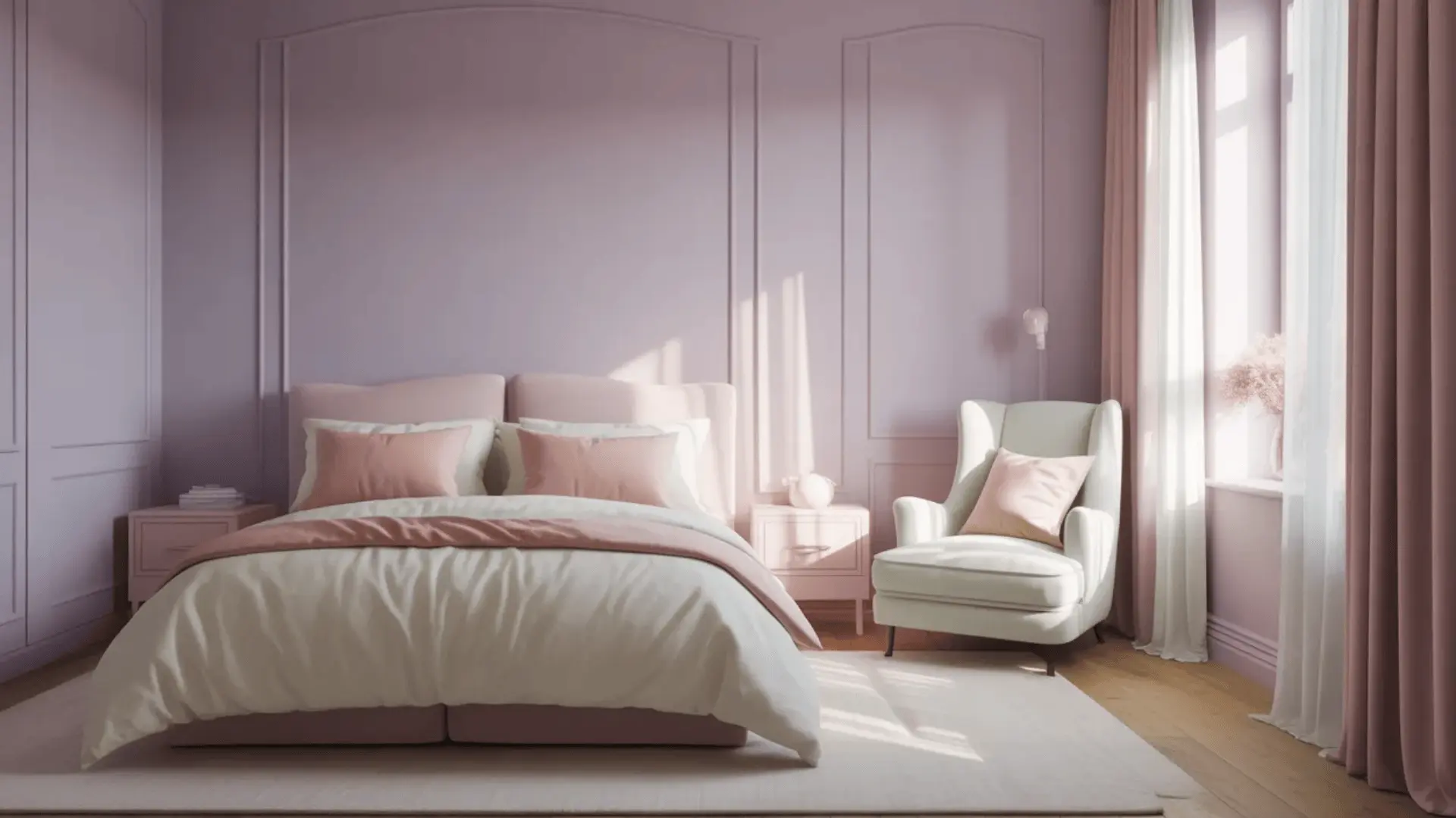 A bed with white and pink bedding in a lavender bedroom with panel walls, a white armchair, and pink curtains.