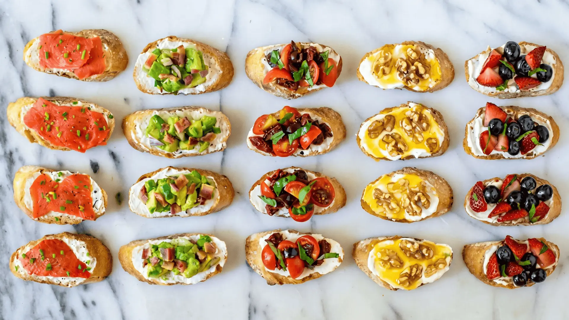 A board with bite-sized snacks arranged in neat rows for quick and mess-free party serving.