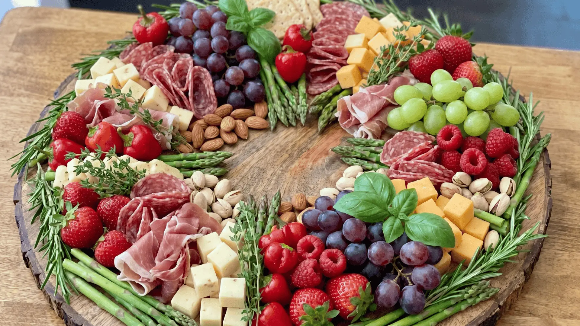 A board with fresh fruits, vegetables, and light proteins arranged neatly for a simple and healthy setup. (1)