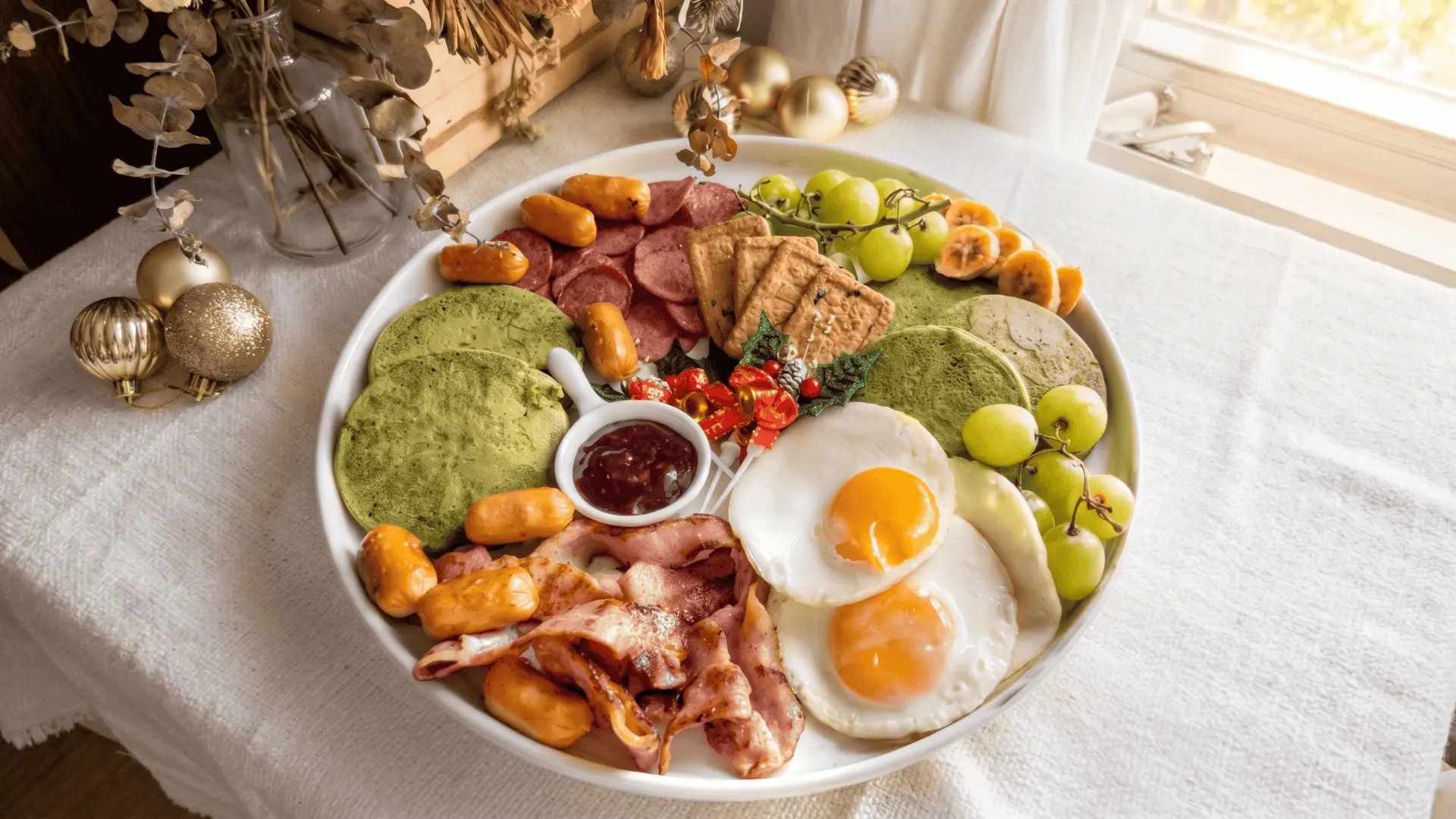 A breakfast board with eggs, toast, simple sides, and light spreads arranged in clear sections for a quick and filling morning meal.