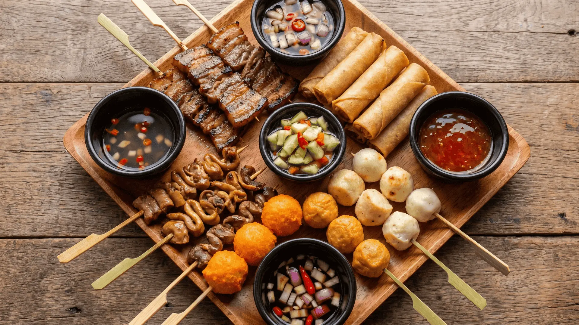 A casual snack board with bite-sized street-style foods, dips, and sauces arranged with a mix of textures for easy party serving.