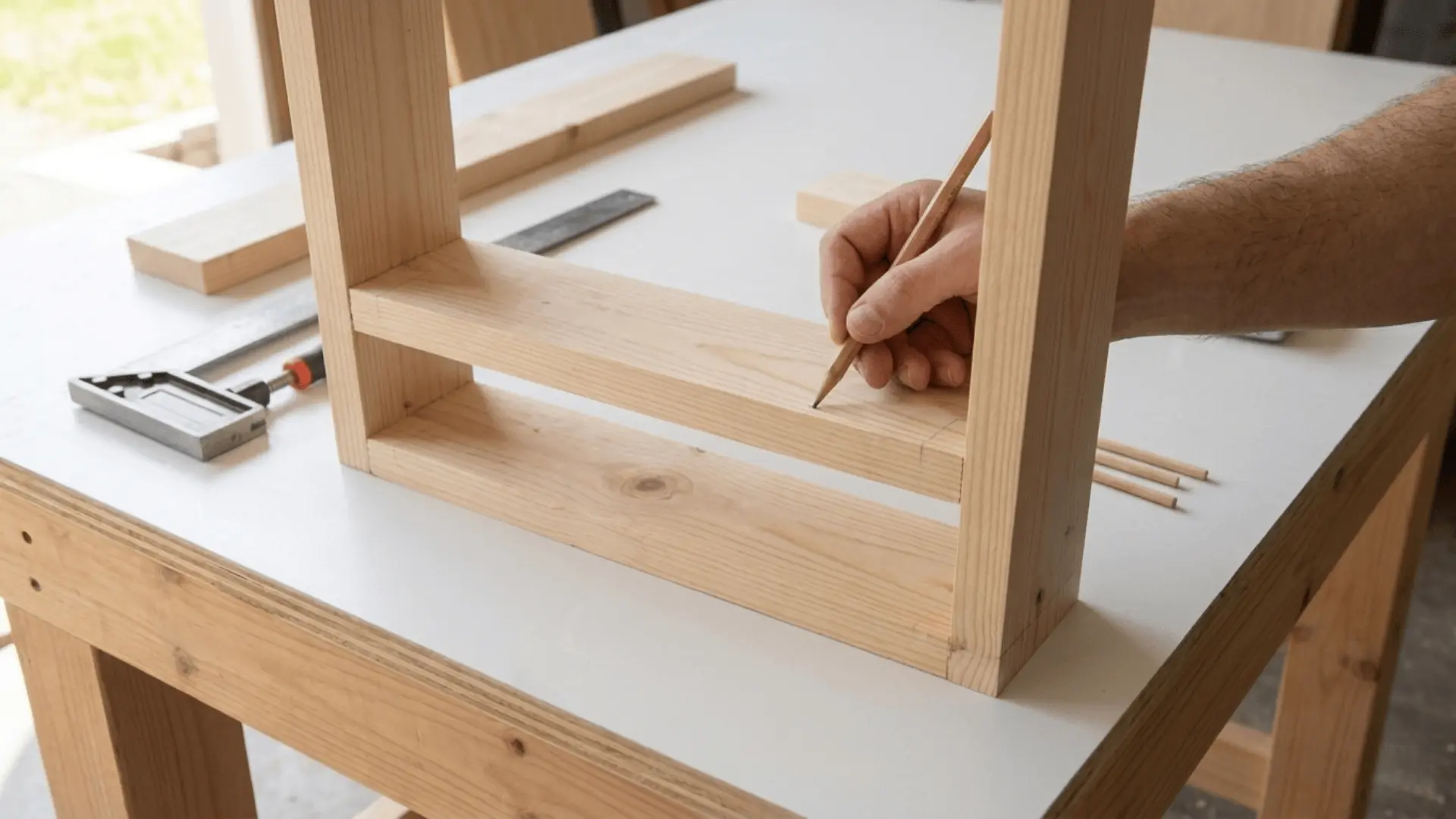 A close-up of a hand using a pencil to mark drill points on a wooden frame for the front safety rails.