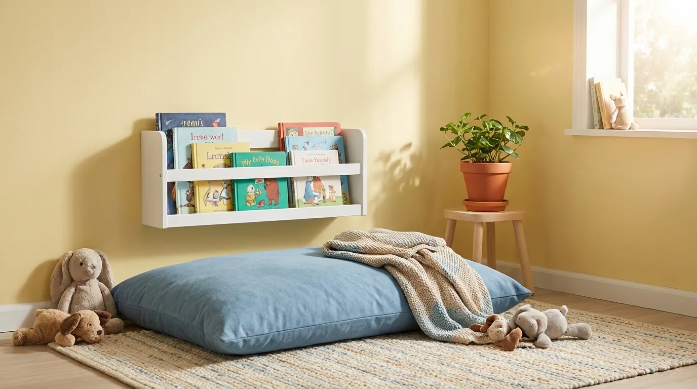 A cozy kids' reading corner with a wall-mounted bookshelf, floor cushion, and warm natural lighting.