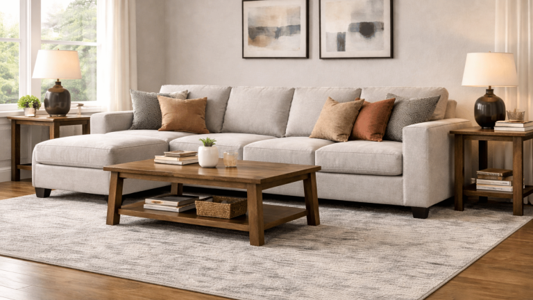 a cozy living room featuring a light gray sectional sofa, a wooden coffee table, matching side tables, and warm earth-toned pillows