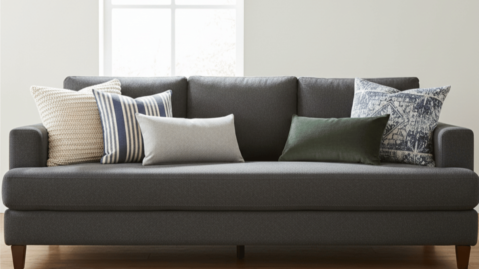a dark grey sofa with five decorative pillows in cream, striped, solid grey, green, and blue patterns in a bright room