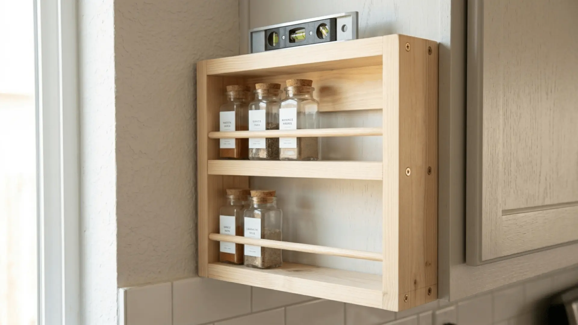 A finished wooden spice rack mounted on a kitchen wall, containing glass jars and topped with a spirit level