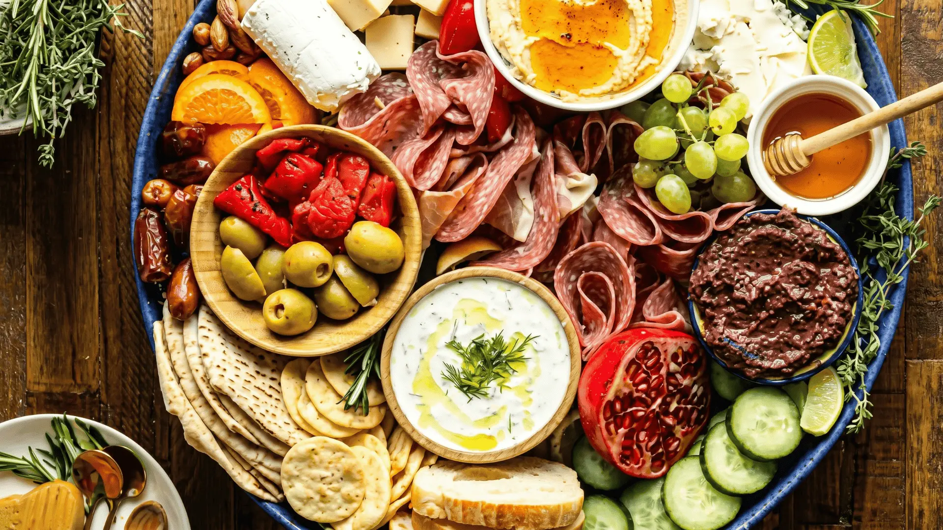 A flatbread board with pita or flatbread, hummus, yogurt sauce, olives, vegetables, cheese, and herbs arranged for light, build-your-own bites.