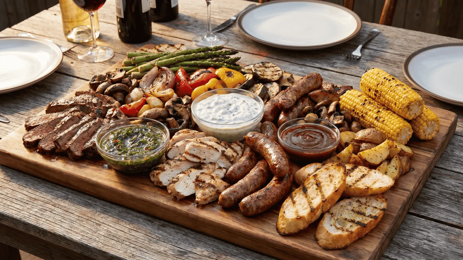 A grill board with grilled meats, vegetables, corn, sauces, bread, and buns arranged in sections for an easy outdoor-style meal.