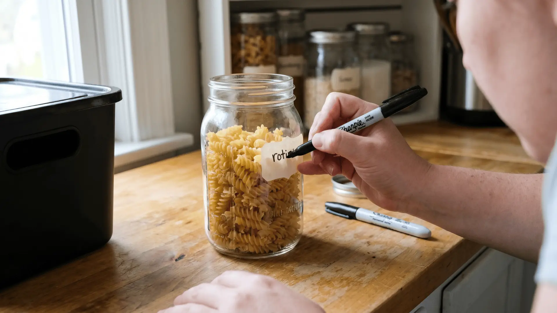 a hand writing on a label stuck to a clear jar of pasta on a kitchen counter, with a white marker and a dark storage bin nearby