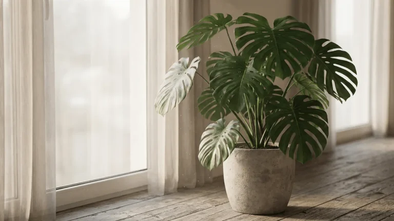 a healthy monstera plant in a concrete pot placed near a window with soft natural light
