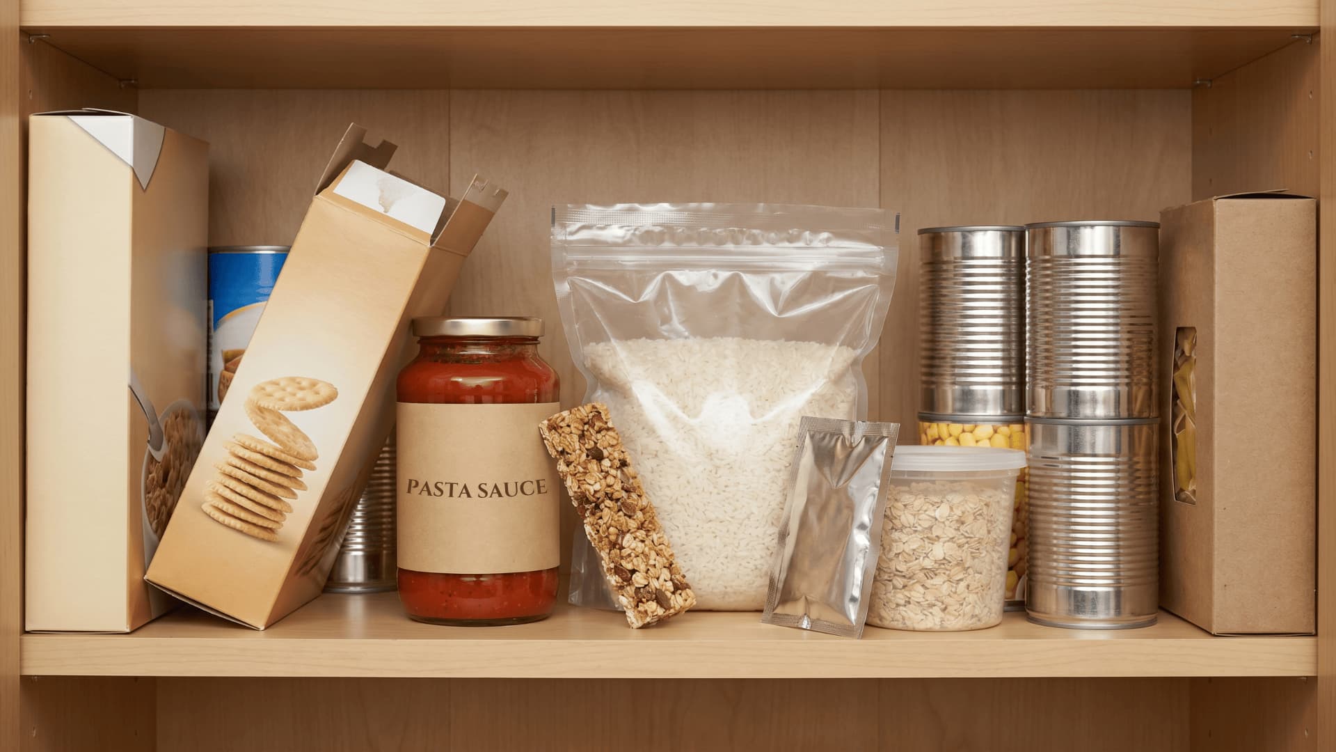 a home pantry shelf with mixed items like a leaning cracker box, stray granola bar, seasoning packet, cans, cereal, and pasta (1)