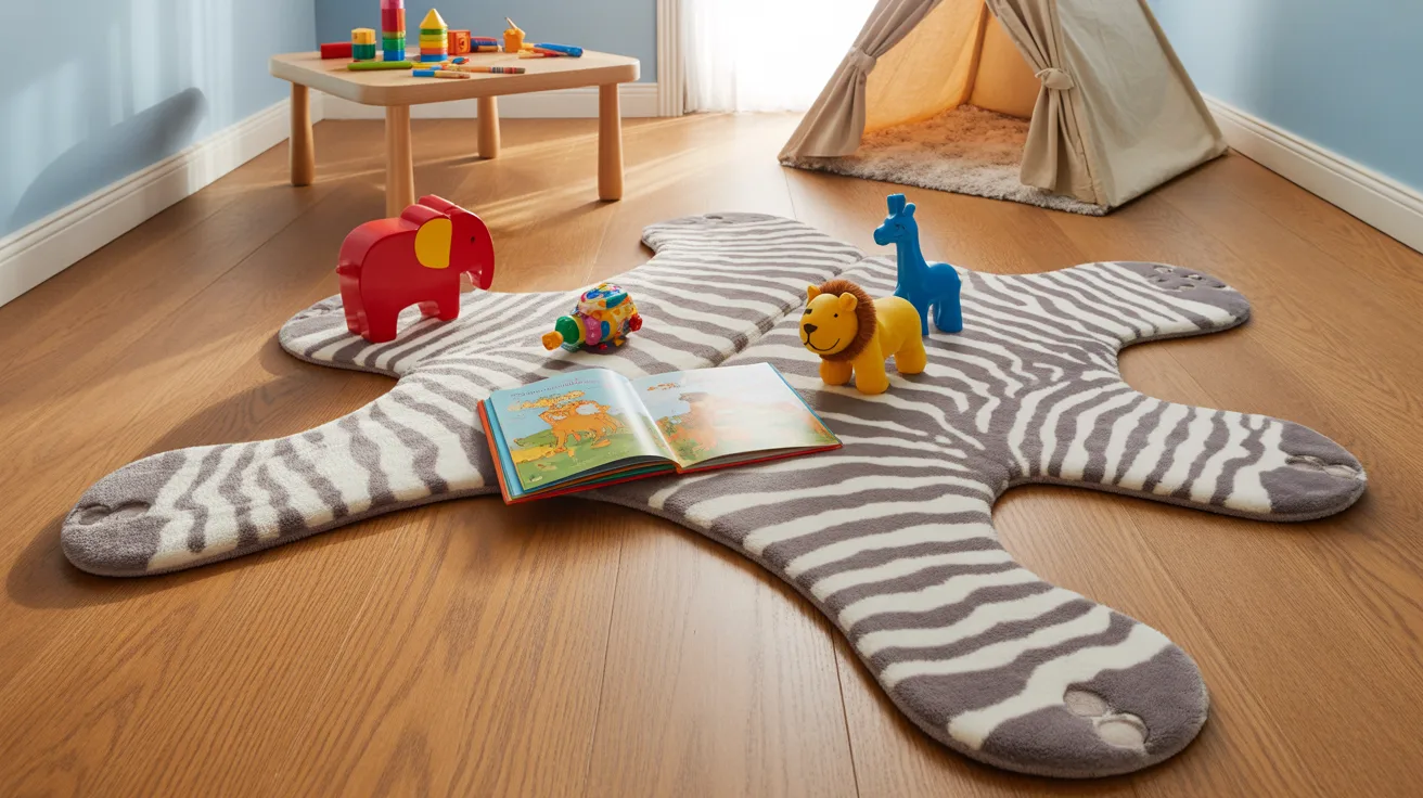 A large grey animal-print play rug defining the play area in a bright kids' playroom.
