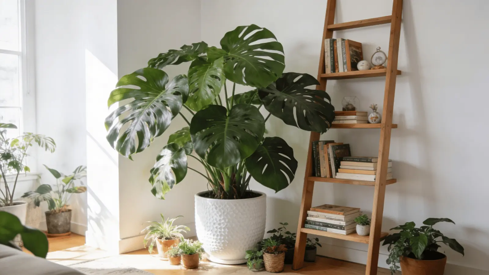 a large mature monstera plant in a white pot in a bright living room corner next to a wooden ladder shelf
