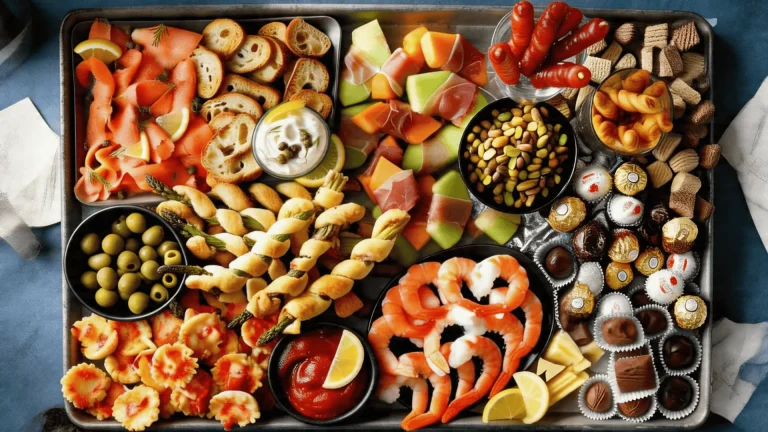 A large rustic wooden charcuterie board filled with prosciutto, salami, brie, cheddar, grapes, crackers, honey, and fresh herbs on a marble surface.