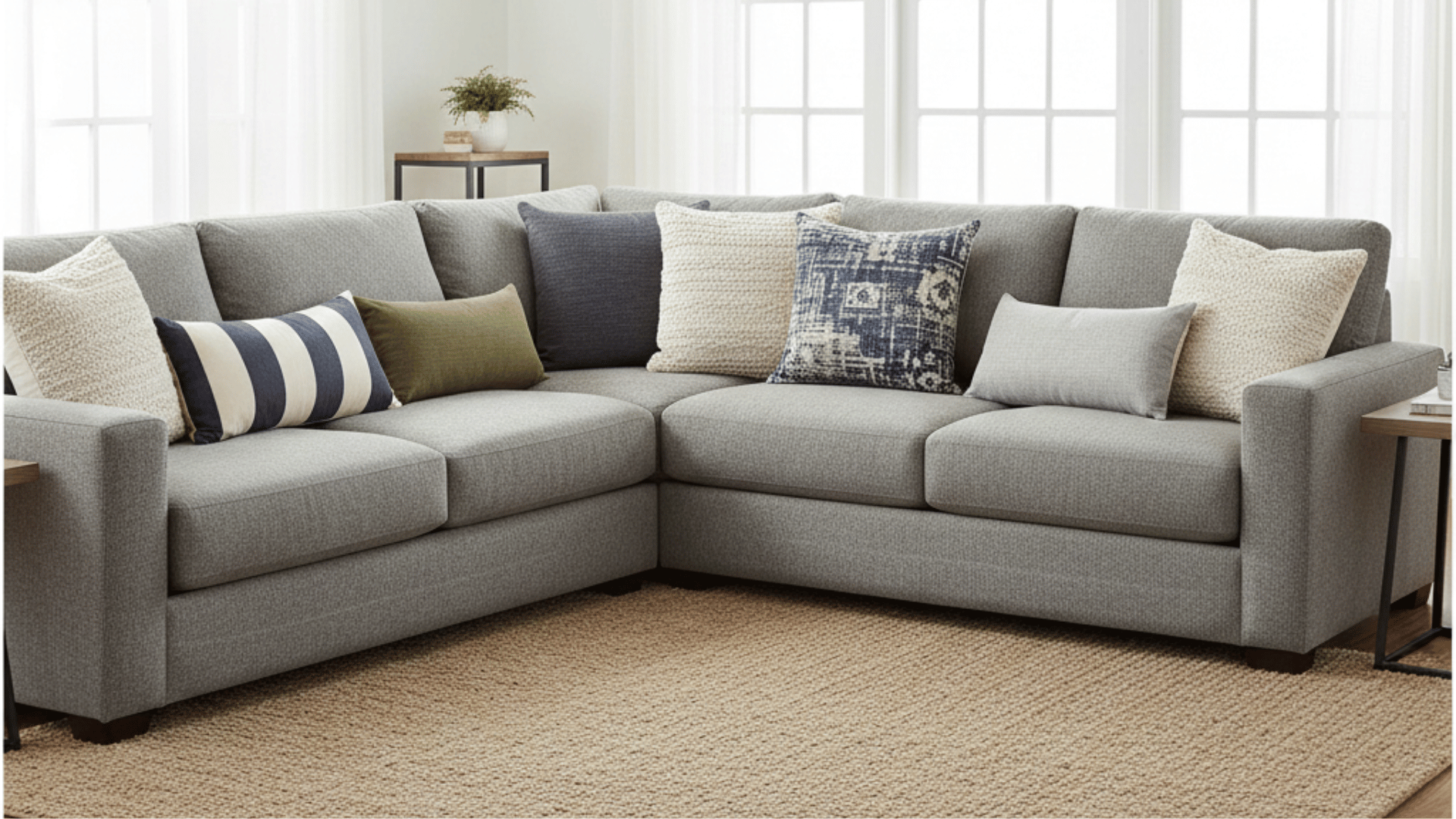 a light grey l-shaped sectional sofa styled with seven mixed accent pillows on a natural jute rug in a bright, airy living room.