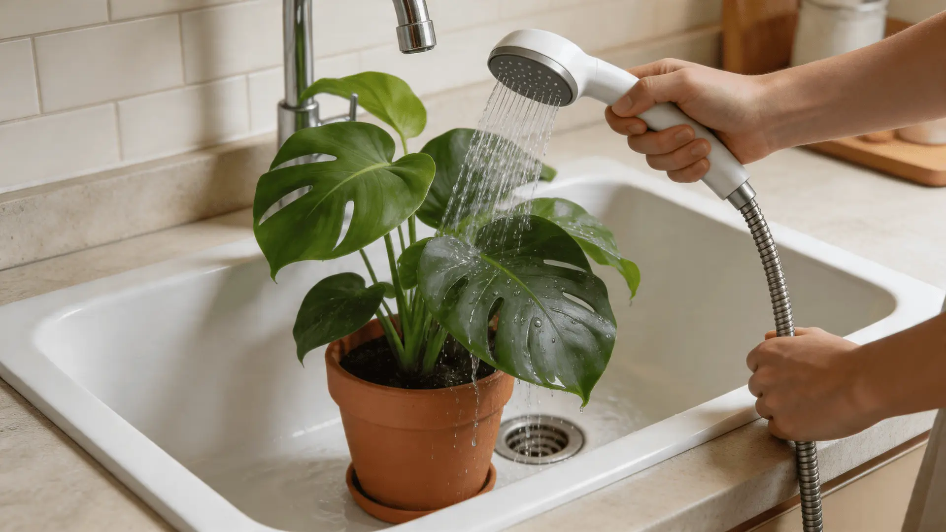 A person using a handheld showerhead to rinse a potted Monstera plant in a white kitchen sink to remove spider mites.