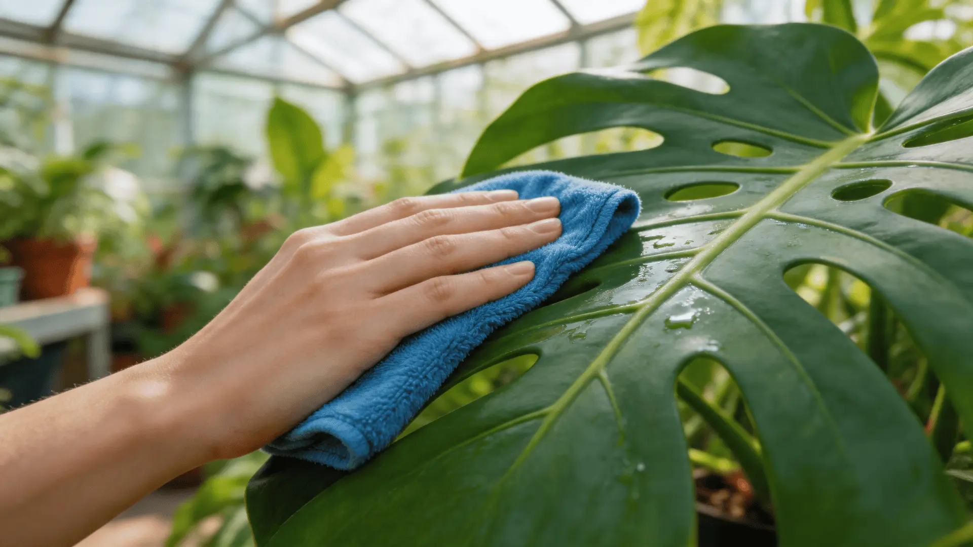 A person wiping the surface of a large tropical plant leaf with a blue microfiber cloth to remove dust and spider mites in a greenhouse nursery.