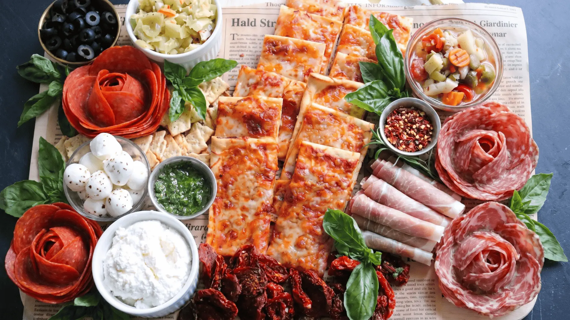 A pizza board with mini pizza bases or flatbreads, sauce, cheese, and assorted toppings like vegetables, meats, olives, and herbs for making personal pizzas.