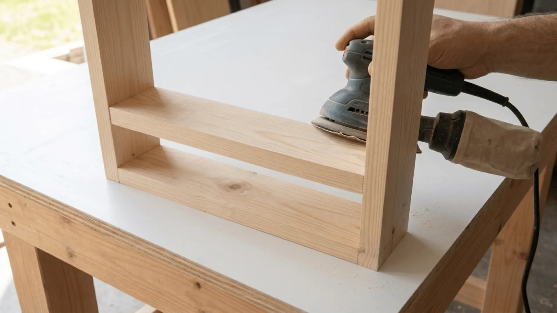 A power sander smoothing the surface of the assembled wooden spice rack to remove rough edges and splinters