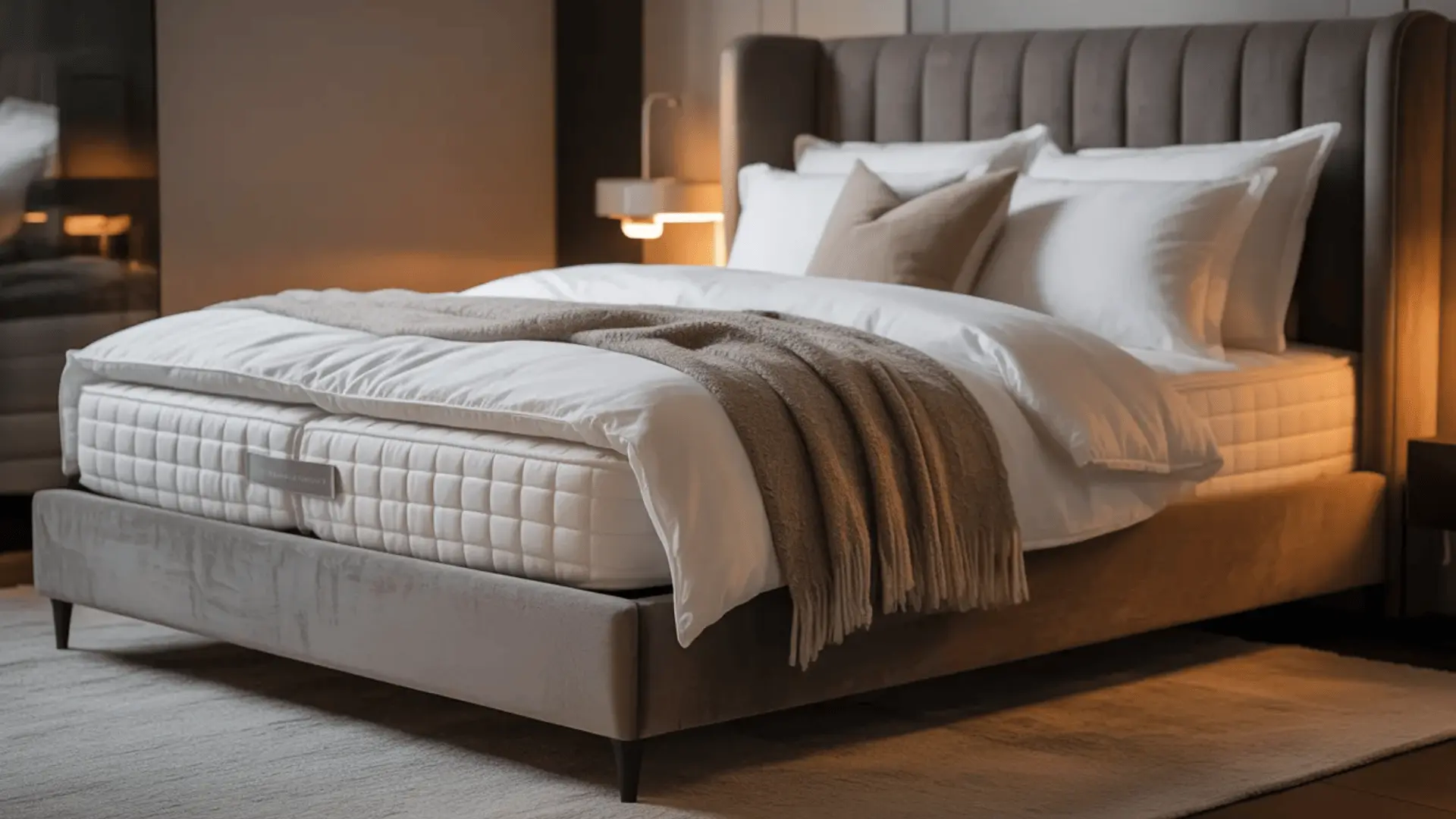 A quilted mattress on an upholstered bed frame with white bedding, multiple pillows, and a draped throw blanket.