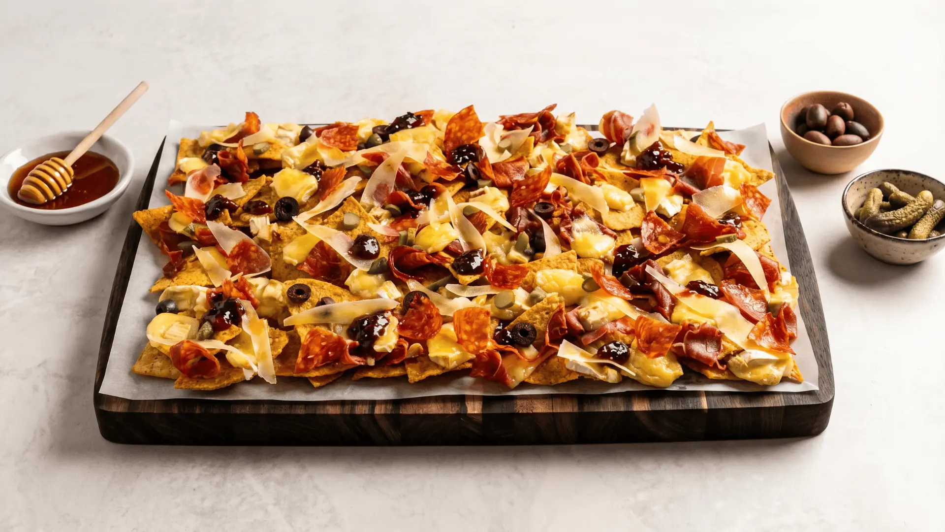 A relaxed board with a mix of sweet and savory comfort snacks arranged loosely for easy serving.