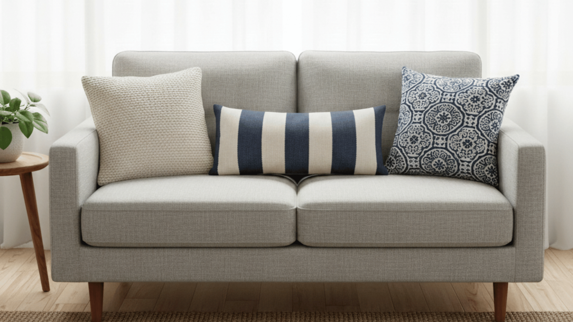 a small grey sofa with three decorative pillows—one white, one blue pattern, and one striped—on a jute rug in a bright room.