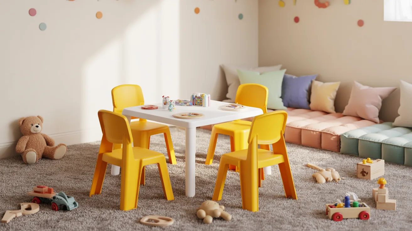 A small white activity table with yellow kid-sized chairs in a bright kids' playroom.