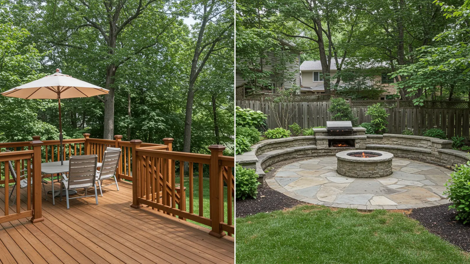 A split-image outdoor backyard scene showing two connected patio spaces