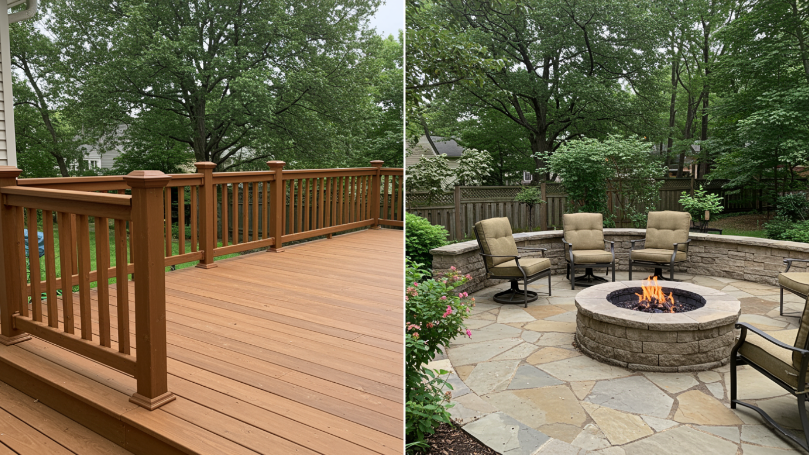 A split-view outdoor patio and deck design