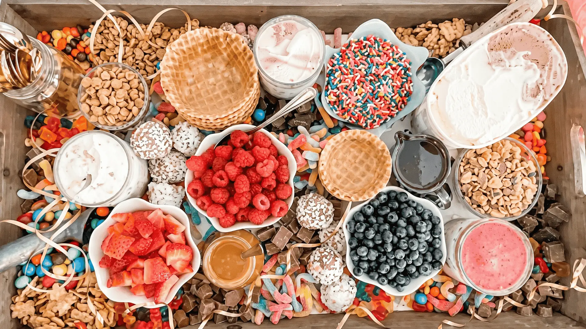 A sundae board with bowls of ice cream, sprinkles, nuts, sauces, fruits, cups, and spoons for creating custom ice cream desserts.
